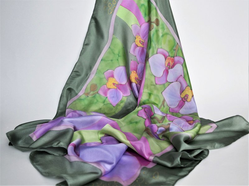 Floral silk head scarf Hand painted silk scarf Orchid scarf Square hair scarves - 丝巾 - 丝．绢 多色