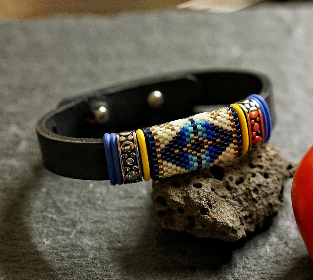 日本玻璃珠皮手带 ( Aiko Beads Leather Bracelet ) Aiko-05 - 手链/手环 - 真皮 