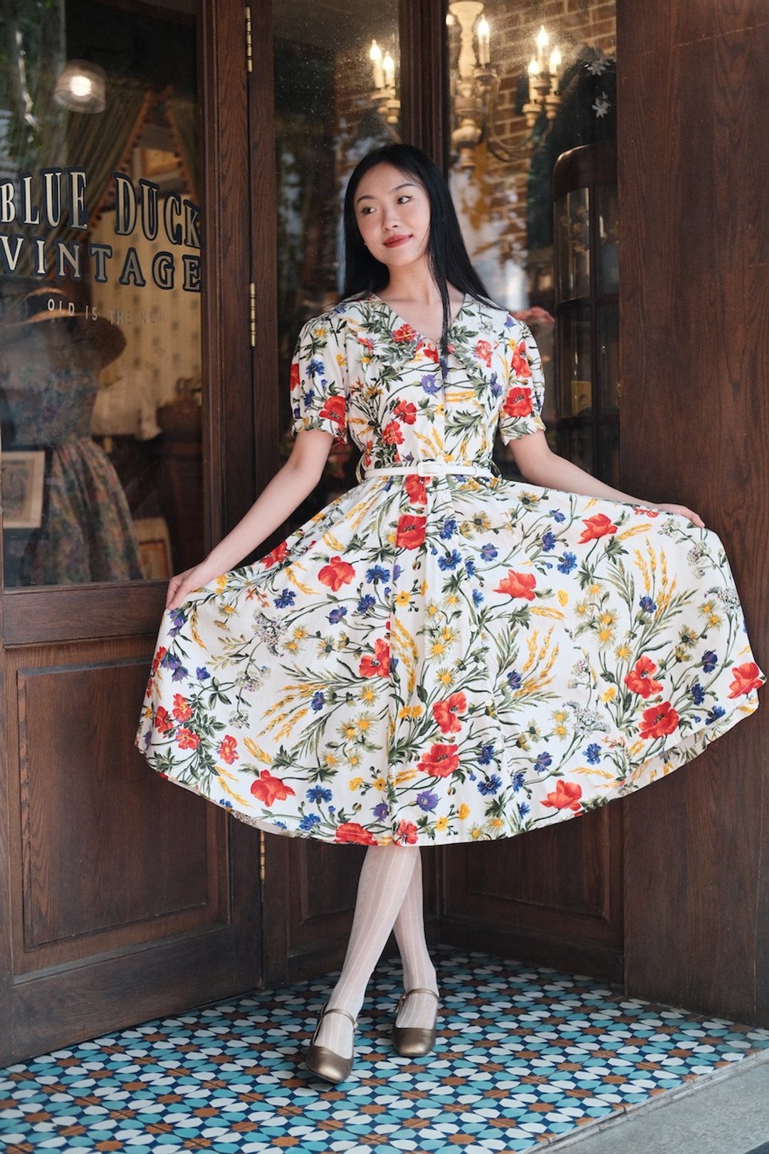 Vintage dress翻领印花连衣裙古着复古连衣裙 - 洋装/连衣裙 - 棉．麻 