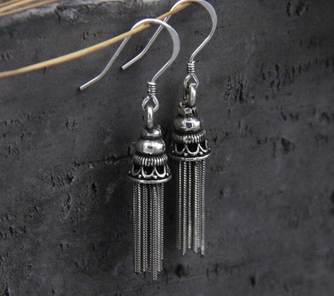 Real S925 Sterling Thai Silver Women Vintage Ethnic Statement Earrings - 耳环/耳夹 - 纯银 银色