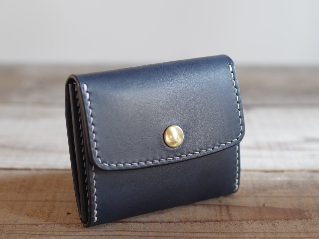 SALE Nume Leather Hand-stitched Compact Wallet Navy Blue - 皮夹/钱包 - 真皮 蓝色