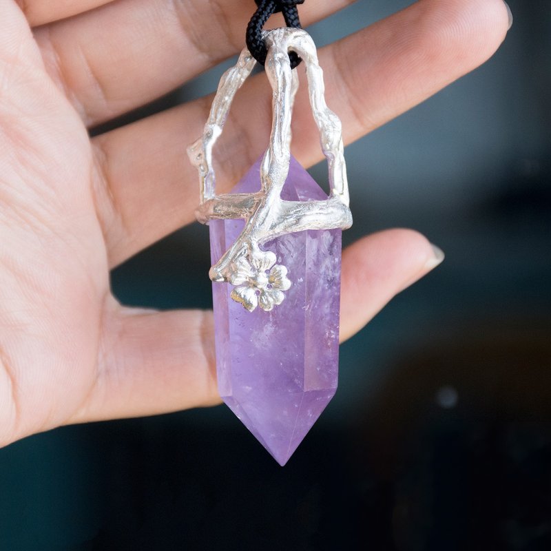 原创孤品 纯银镶嵌紫水晶六棱柱吊坠 - 吊饰 - 半宝石 紫色