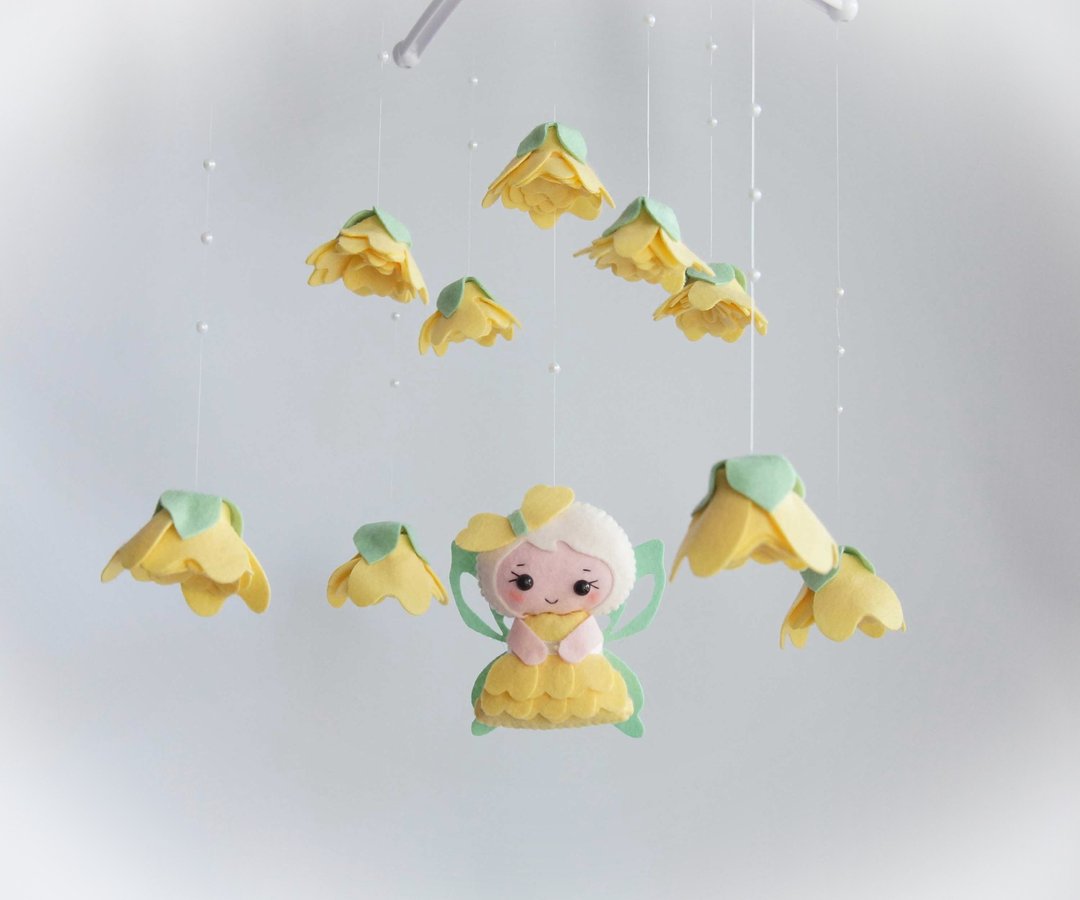 Musical baby mobile, Flower baby mobile, Baby crib mobile, Nursery baby mobile - 玩具/玩偶 - 环保材料 黄色