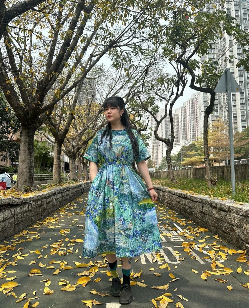 橡筋束腰短袖连身裙 - 洋装/连衣裙 - 棉．麻 多色