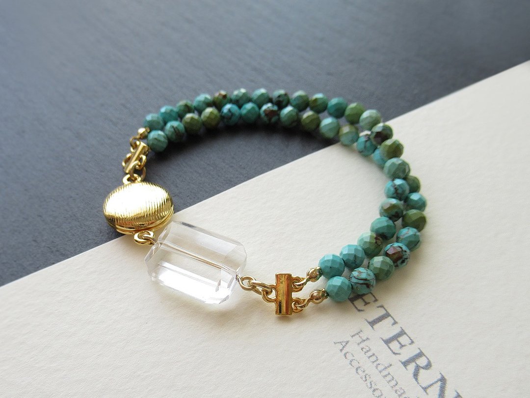 Rectangle cut Crystal and Turquoise, magnetic clasp bracelet - 手链/手环 - 石头 绿色