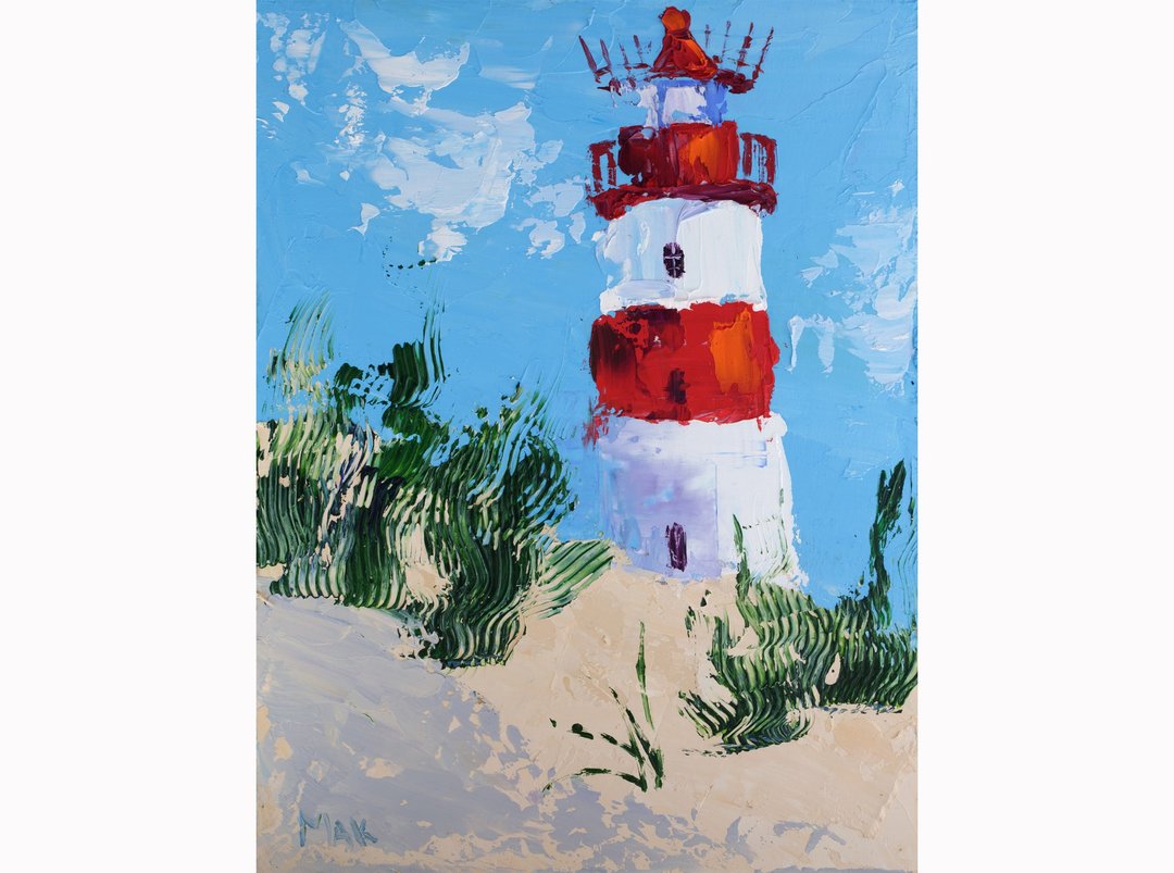 Lighthouse Oil Painting Nautical Original Art Small Summer Landscape Wall Art - 海报/装饰画/版画 - 其他材质 红色