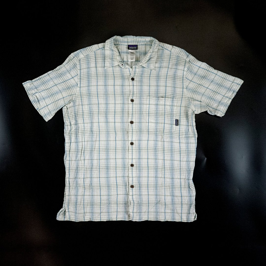 PATAGONIA 蓝 白 格纹 木扣 衬衫 泡泡布 短袖衬衫 古着 二手 - 男装衬衫 - 棉 白色