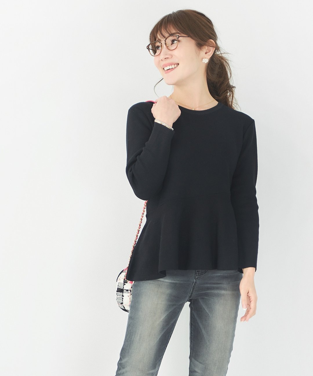 Knit Made in Japan Peplum Asymmetric Hem Design / Liala x PG - 女装针织衫/毛衣 - 棉 黑色
