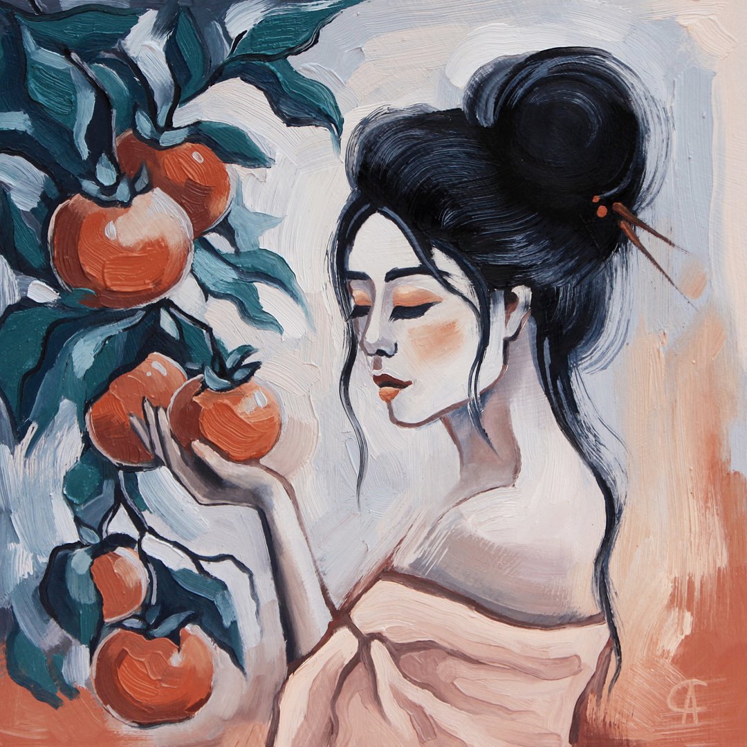 亚洲女人画  柿子原创艺术  秋季艺术品  中国墙艺术 - 海报/装饰画/版画 - 其他材质 橘色
