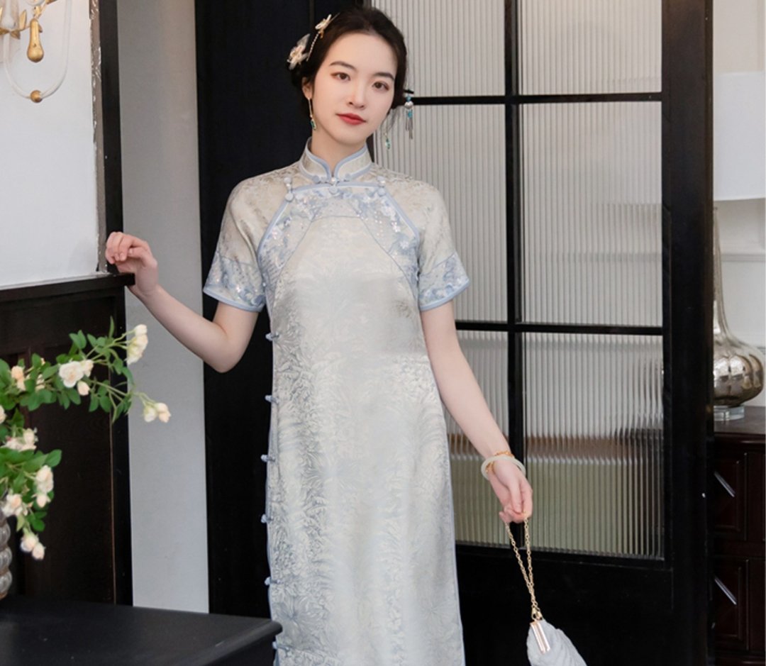 椰岛人鱼 新中式復古 古法绝美双襟旗袍 - 旗袍 - 其他材质 银色