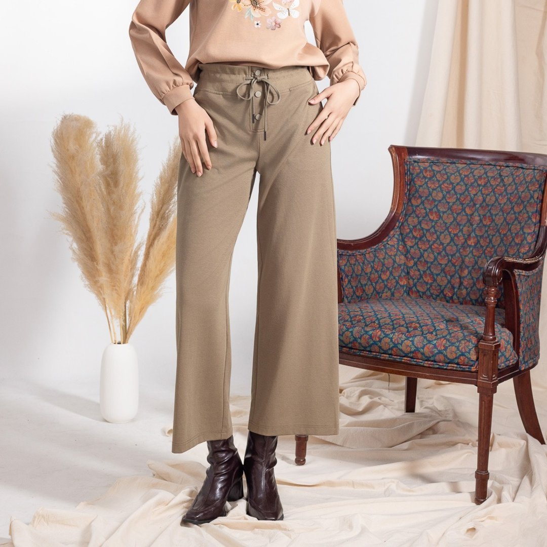 【MEDUSA】排扣抽绳高腰休闲宽裤(M-XL) | 女休闲长裤 女长宽裤 - 女装长裤 - 聚酯纤维 绿色