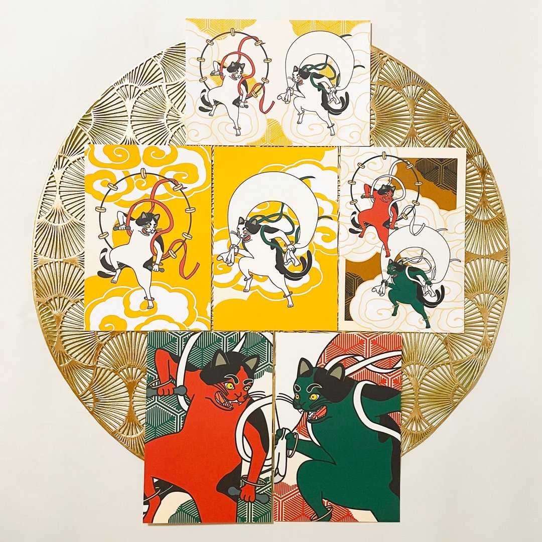 风神雷神猫又 明信片6张组 猫 动物 浮世绘 日本 和风 妖怪 - 卡片/明信片 - 纸 卡其色