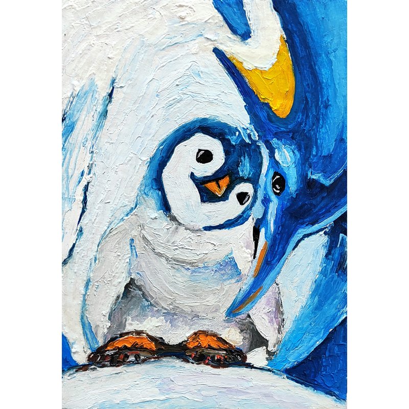 Penguin Oil Original Painting Bird Wall Art Animal Artwork Miniature Art, 手工油畫 - 海报/装饰画/版画 - 其他材质 多色
