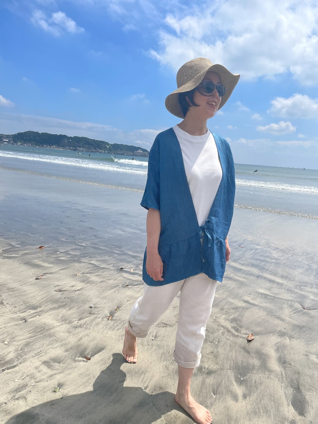 日本制造 手染 蓝染棉丝混纺 短袖羽织 Haori aizome japanblue - 中性连帽卫衣/T 恤 - 棉 蓝色