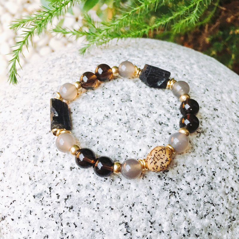 无止境的黑 ∣ 黑碧玺原矿 茶晶 灰玛瑙 菩提果实 辟邪 手环 - 手链/手环 - 宝石 黑色