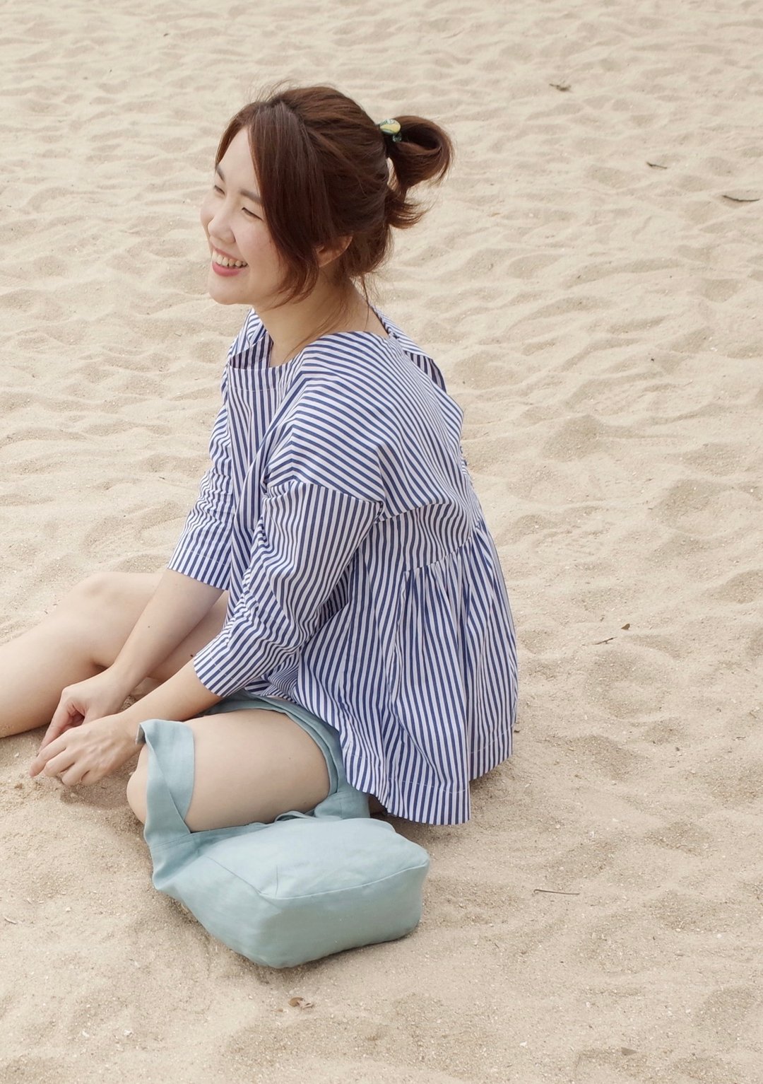 宽摆长上衣 海水蓝条纹 - 女装上衣 - 棉 蓝色