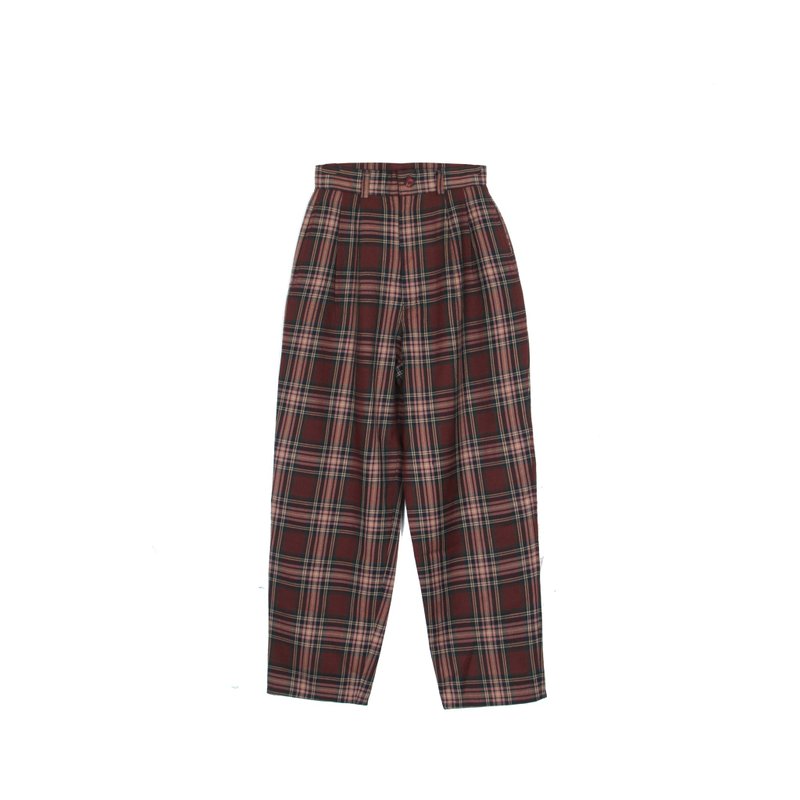 【蛋植物古着】深咖格子古着薄毛料老爷裤 - 女装长裤 - 聚酯纤维 咖啡色