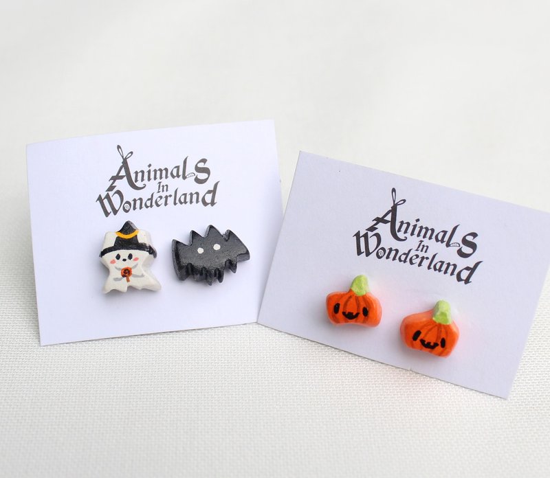 Goody Bag - 可爱幽灵+蝙蝠 & 南瓜 耳环/ 二对/ 可改耳夹/万圣节 - 耳环/耳夹 - 粘土 白色