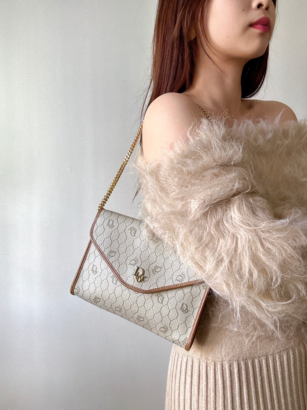 中古正品 Christian Dior 蜂巢老花 两用链包 腋下包 宴会包 婚礼 - 手提包/手提袋 - 防水材质 卡其色