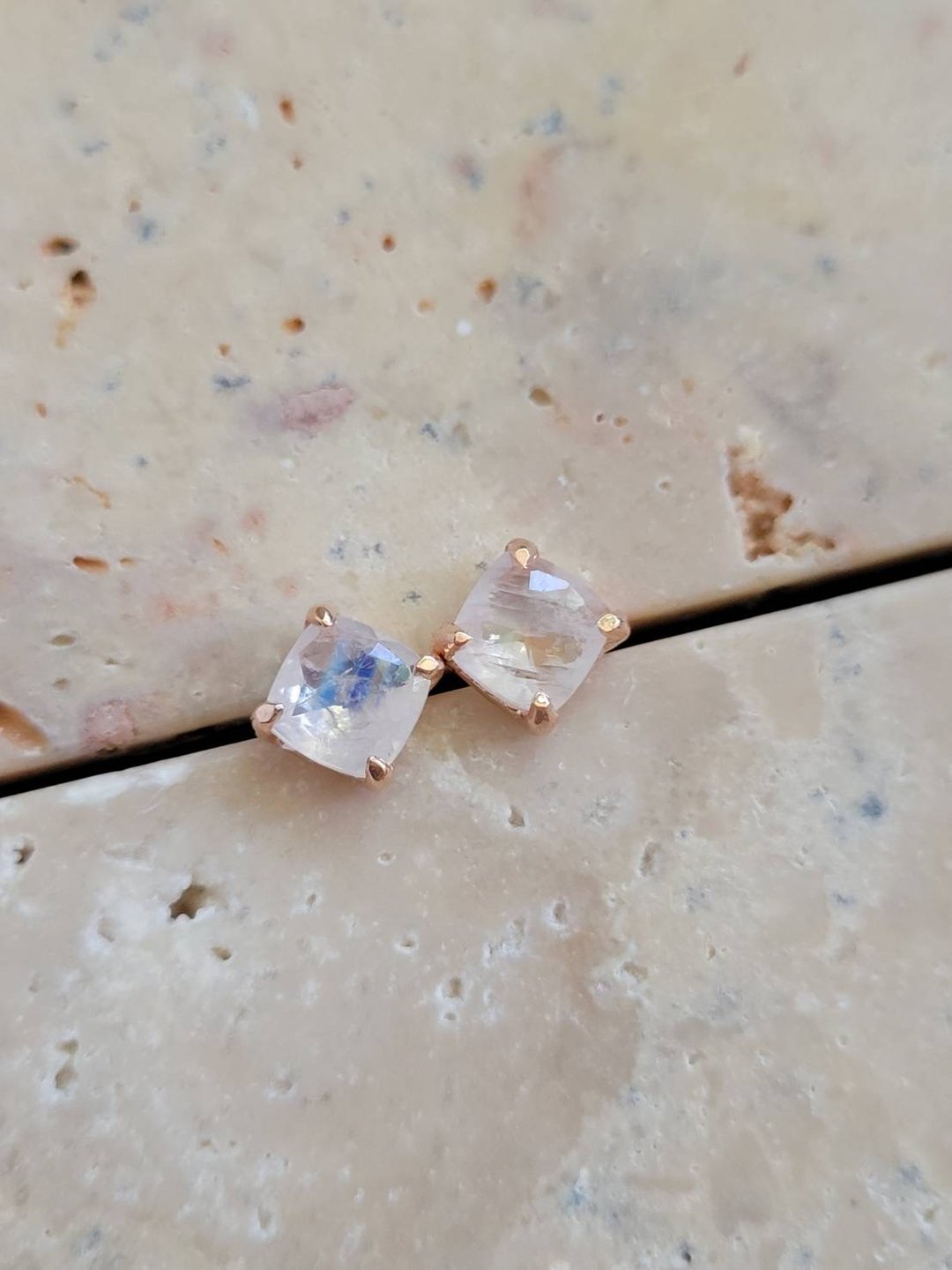 月光石方型钻耳环/纯银/水晶/纯银轻珠宝 - 耳环/耳夹 - 水晶 透明