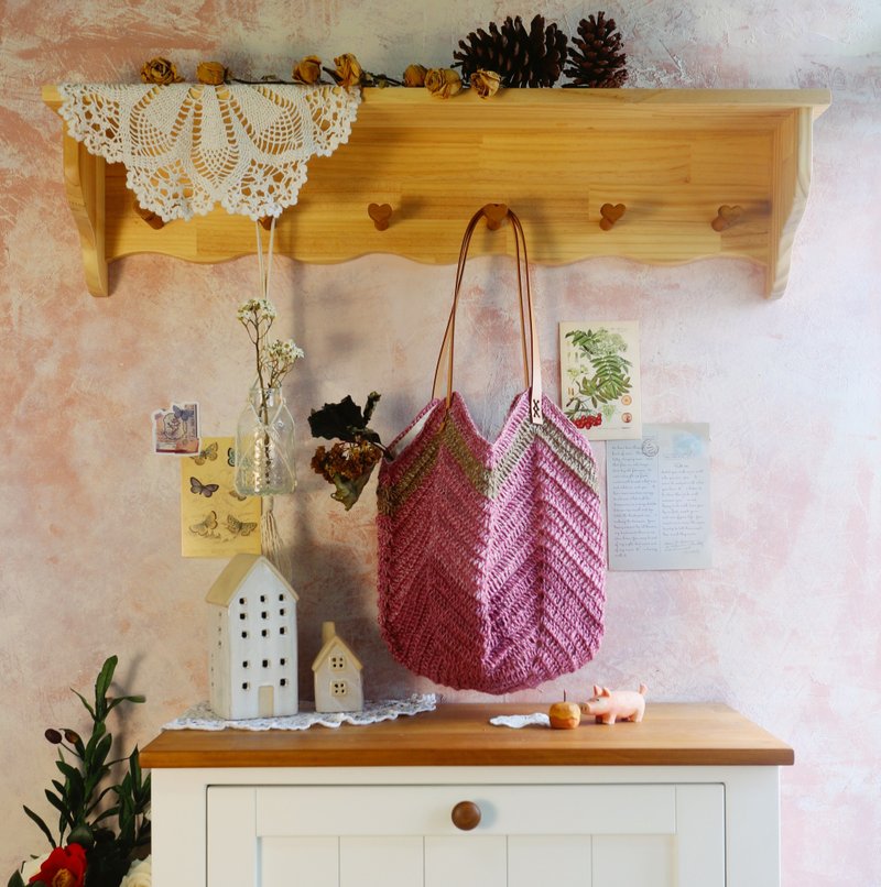 【完售】Handmade手工编织/黄麻绳编织/气球包/肩背包/真皮 - 侧背包/斜挎包 - 棉．麻 粉红色