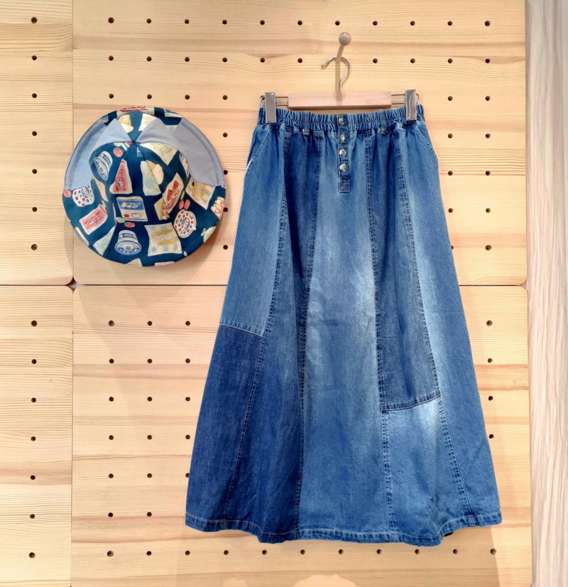 小牛村 日本设计款 牛仔拼接 水洗丹宁 长裙 厚度适中 - 裙子 - 棉．麻 蓝色