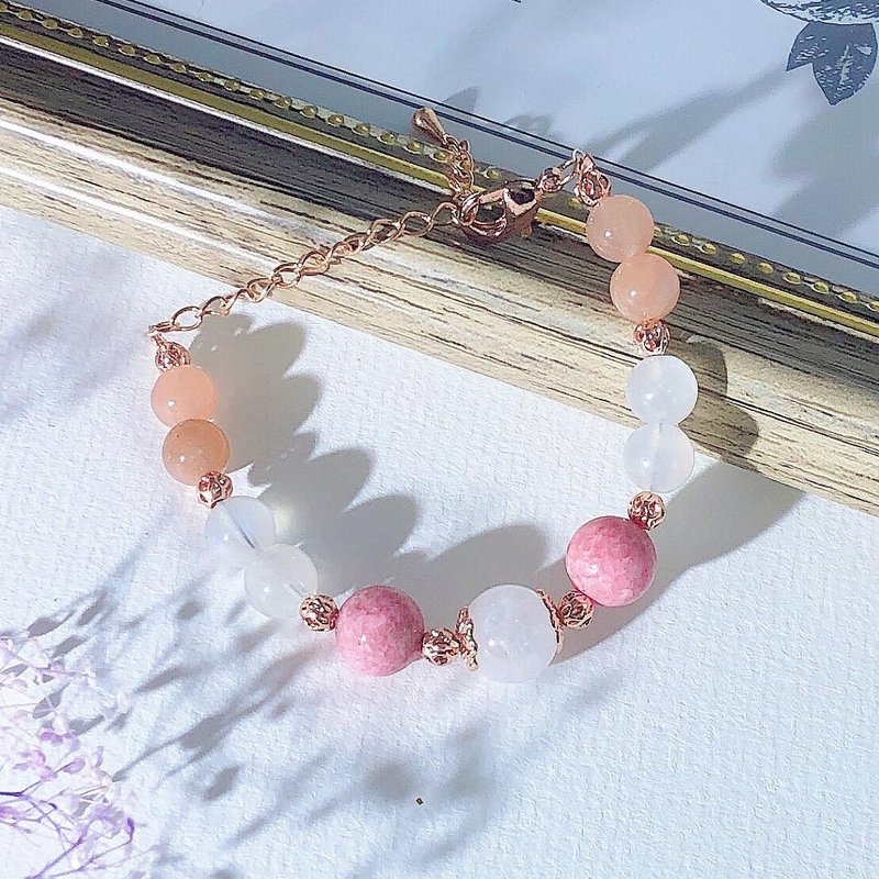 月亮石  月光石 蔷薇辉石  水晶手链 天然石 生日礼物 爱情 - 手链/手环 - 水晶 粉红色