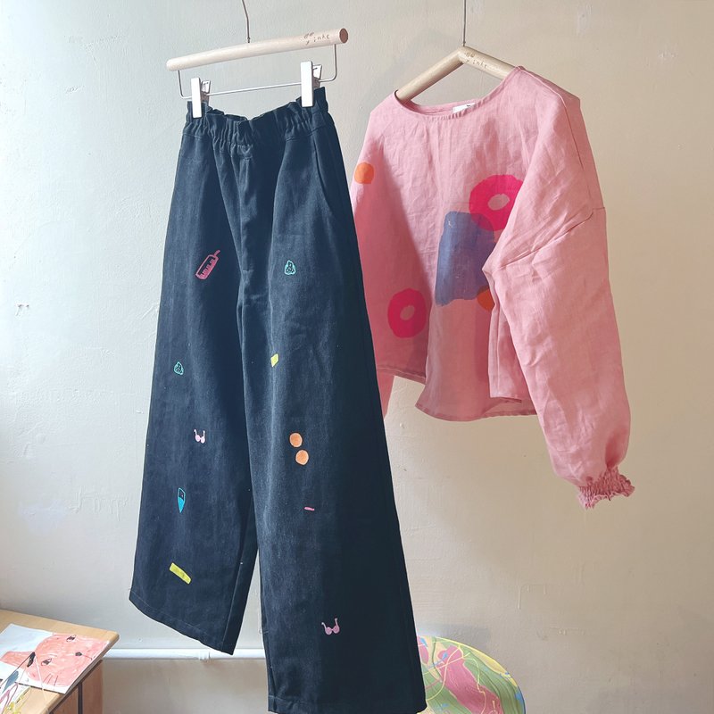 帅气黑色厚挺手工绢印口袋松紧长宽裤-泡泡、手风琴、家 - 女装长裤 - 棉．麻 蓝色