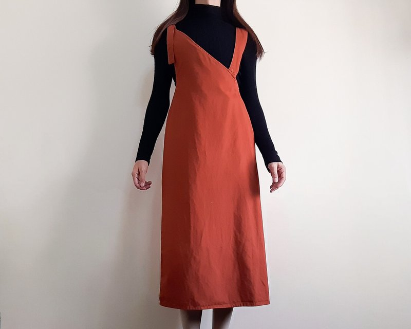 复古棕色背带连衣裙 中长款纯棉围裙式连衣裙 肩带可调节 尺码 - 背带裤/连体裤 - 棉．麻 咖啡色