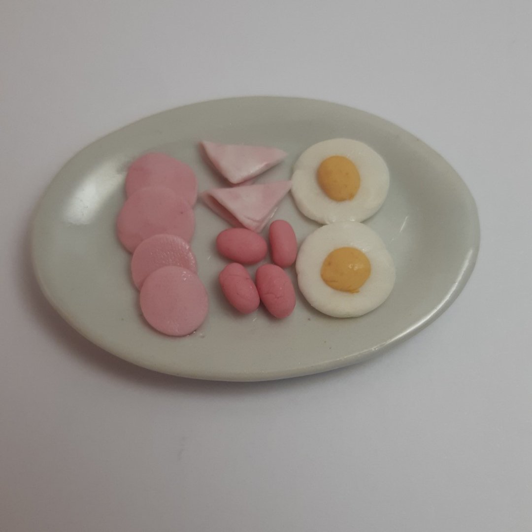 breakfast, fried egg, sausage, ham Food Miniature Dollhouse collectible decorate - 摆饰 - 粘土 黄色