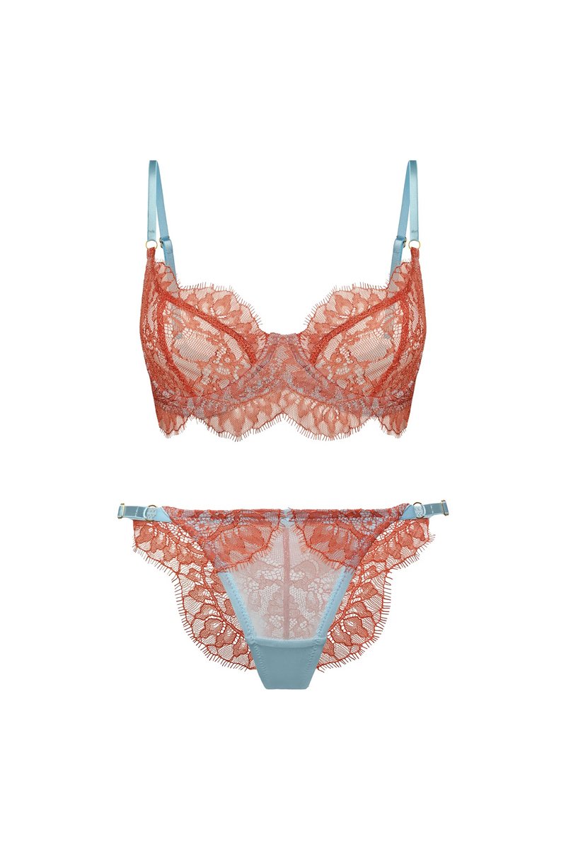 赤陶色蕾丝，蓝色网纱内衣组 - Bra，内裤 - 性感透视内衣 - 女士内衣裤 - 聚酯纤维 橘色