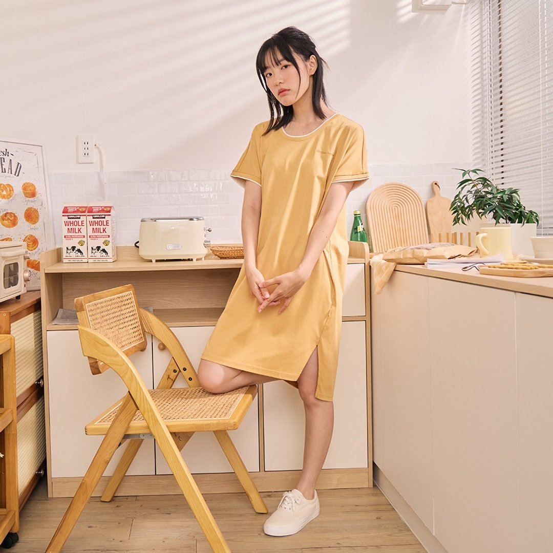 纯棉撞色假两件洋装-共2色 - 居家服/睡衣 - 棉 多色