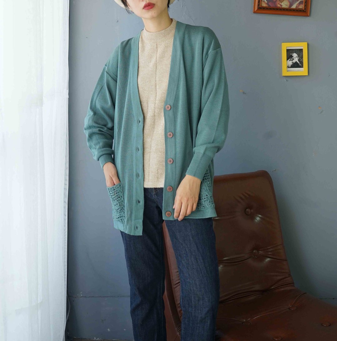 寻宝古着-湖水蓝绿藤蔓口袋开襟针织外套 - 女装针织衫/毛衣 - 聚酯纤维 绿色