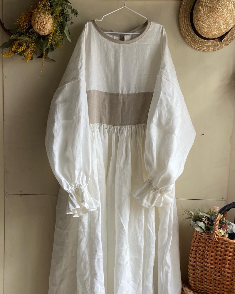 自然双色抓皱洋装 - 洋装/连衣裙 - 棉．麻 白色