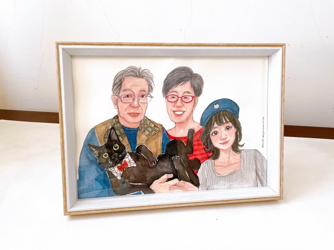 似颜绘人像画 四人 全家福 婚纱与宠物 附画框 - 订制画像 - 纸 