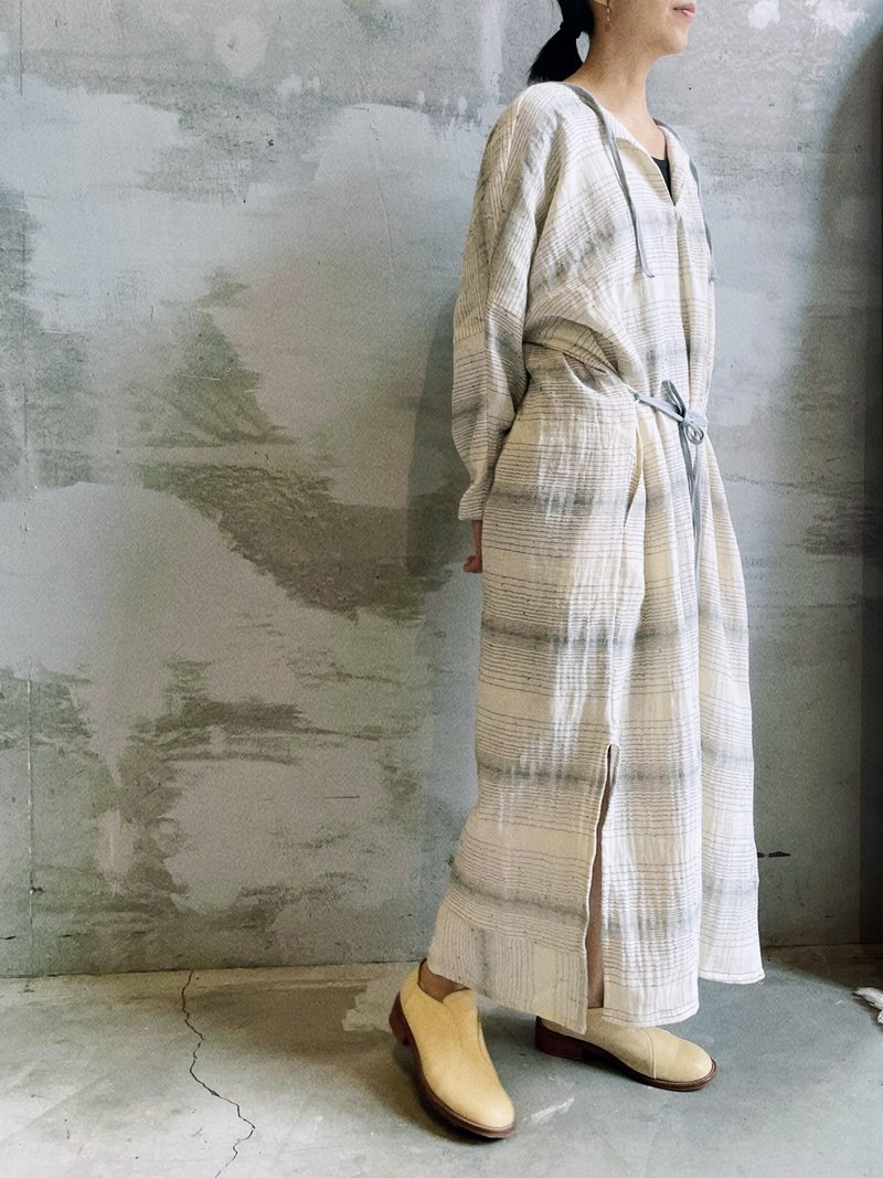 心电织纹二重纱洋装/纯棉/长袖/绑带/口袋/柔软 - 洋装/连衣裙 - 棉．麻 白色