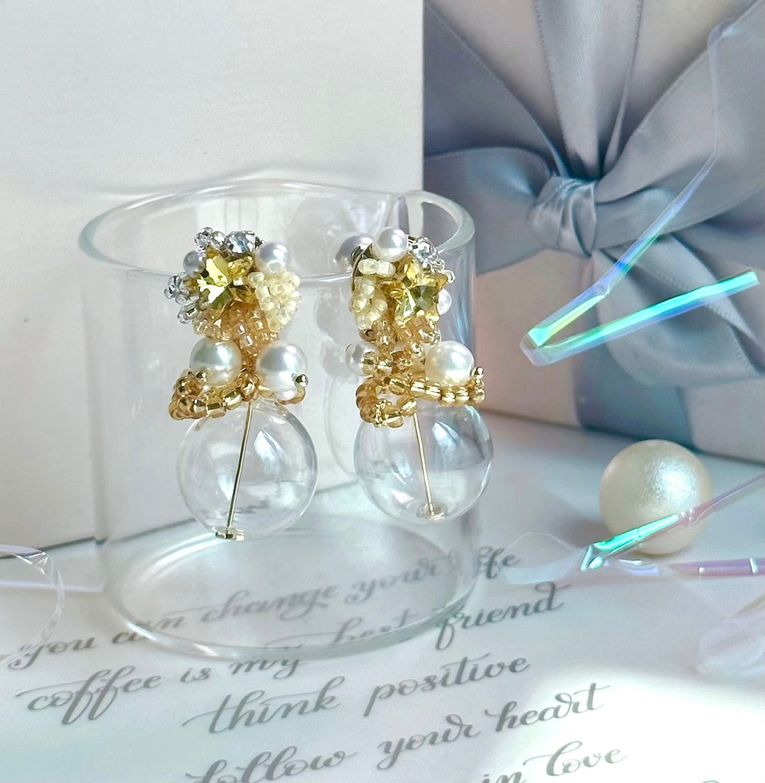 星星耳环/派对耳环/星球耳环/ wedding earrings/锆石耳环 - 耳环/耳夹 - 水晶 黄色