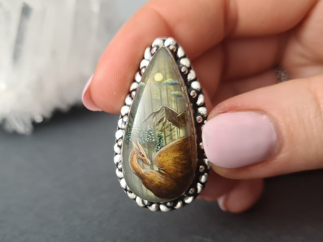 Dragon ring Labradorite ring Stone painting dragon Aaa large labradorite ring - 戒指 - 宝石 咖啡色