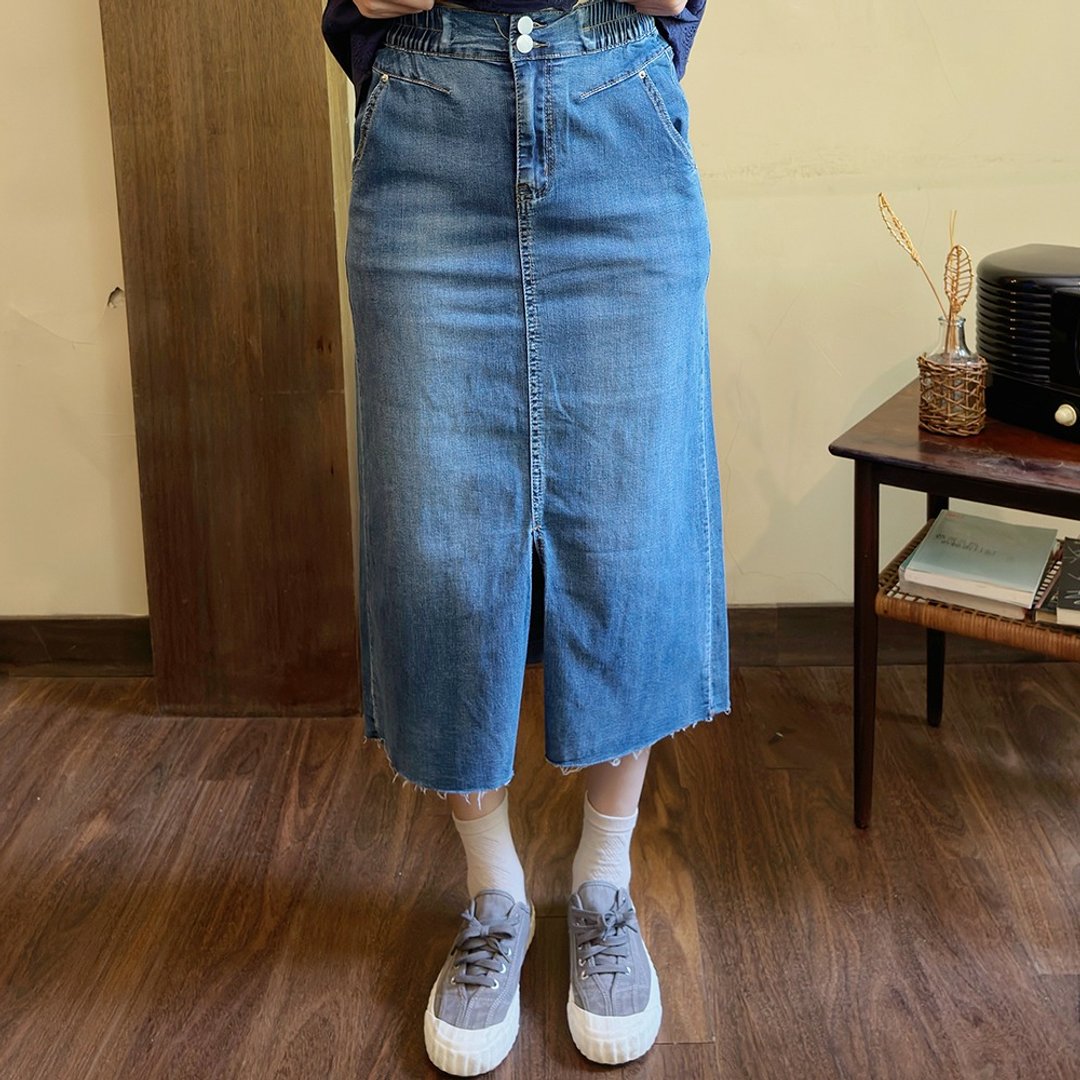 Hana Mokuba 后松紧腰开岔牛仔裙 - 裙子 - 其他材质 