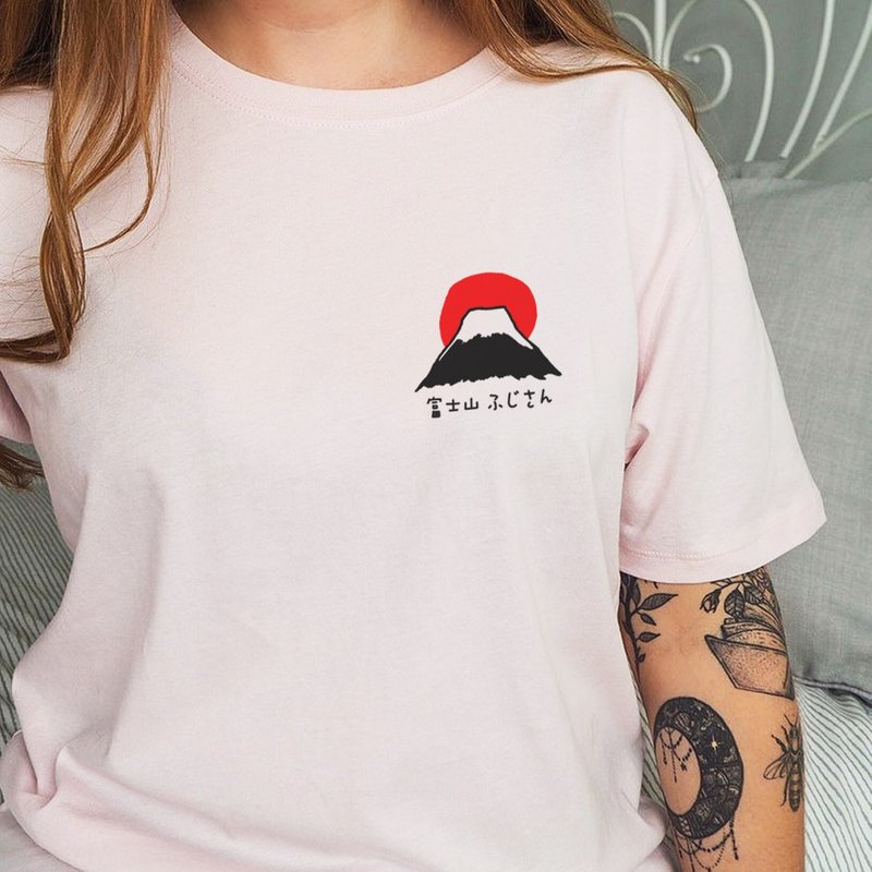 左胸 富士山 男女 男女短袖T恤 浅粉色 日本 东京 Tokyo 日文 - 女装 T 恤 - 棉．麻 粉红色