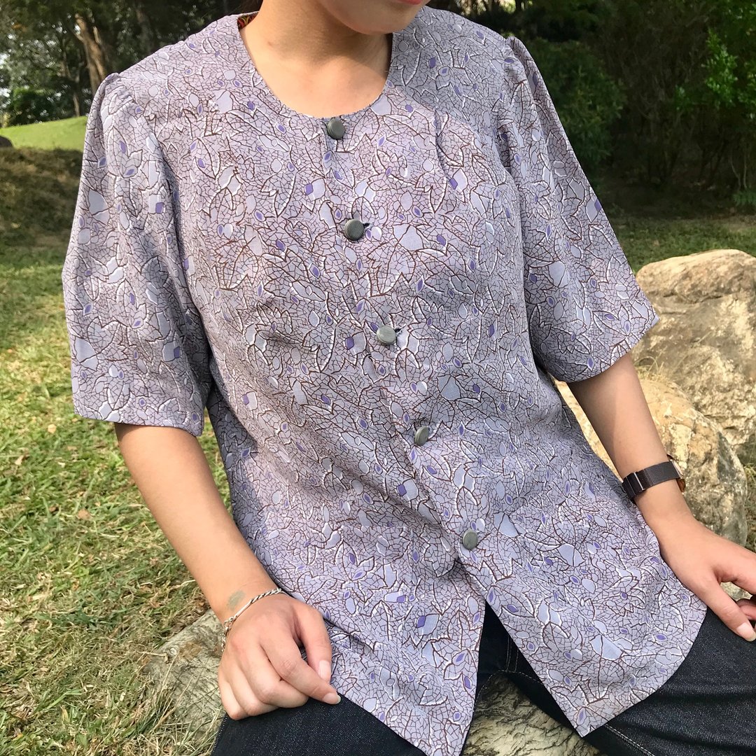 灰紫色枫叶纹路古着短袖衬衫 - 女装衬衫 - 聚酯纤维 