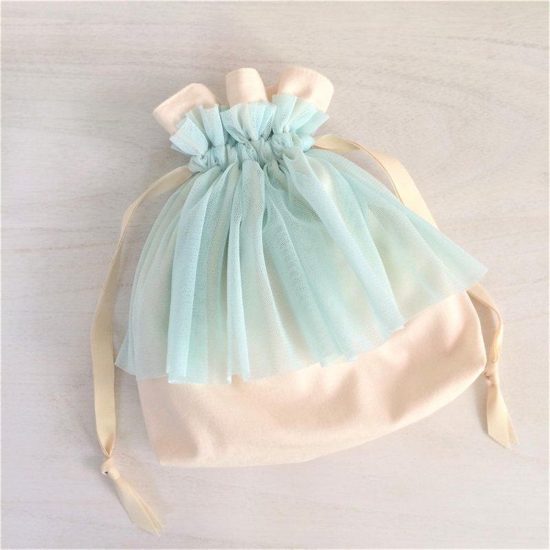 Soft tulle gather furrill Drawstring off × light blue - 化妆包/杂物包 - 棉．麻 蓝色