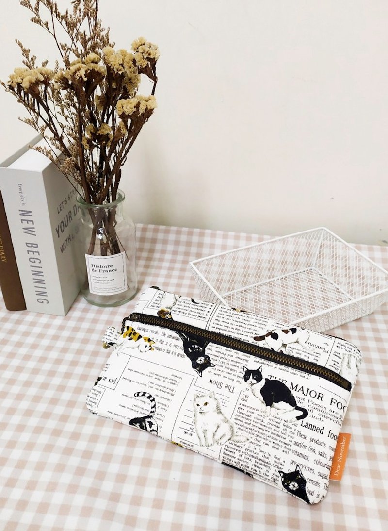 拾光系列零钱包/万用包/拉链收纳包/白色猫咪款 - 皮夹/钱包 - 棉．麻 白色