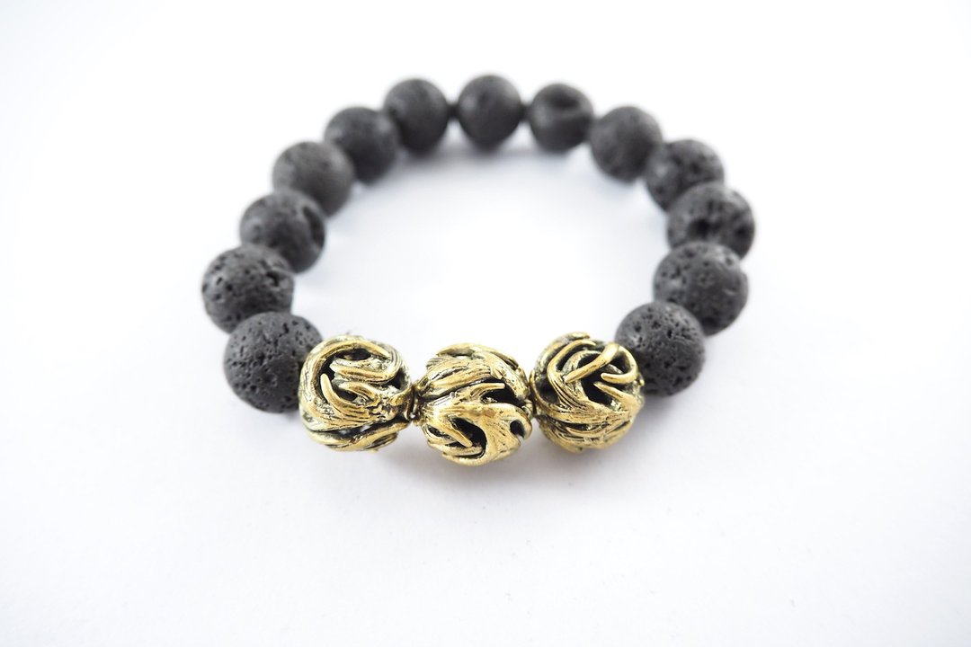 3 Horn bead 12mm.Lava stone bracelet in  brass ,men jewelry  - 手链/手环 - 其他金属 银色