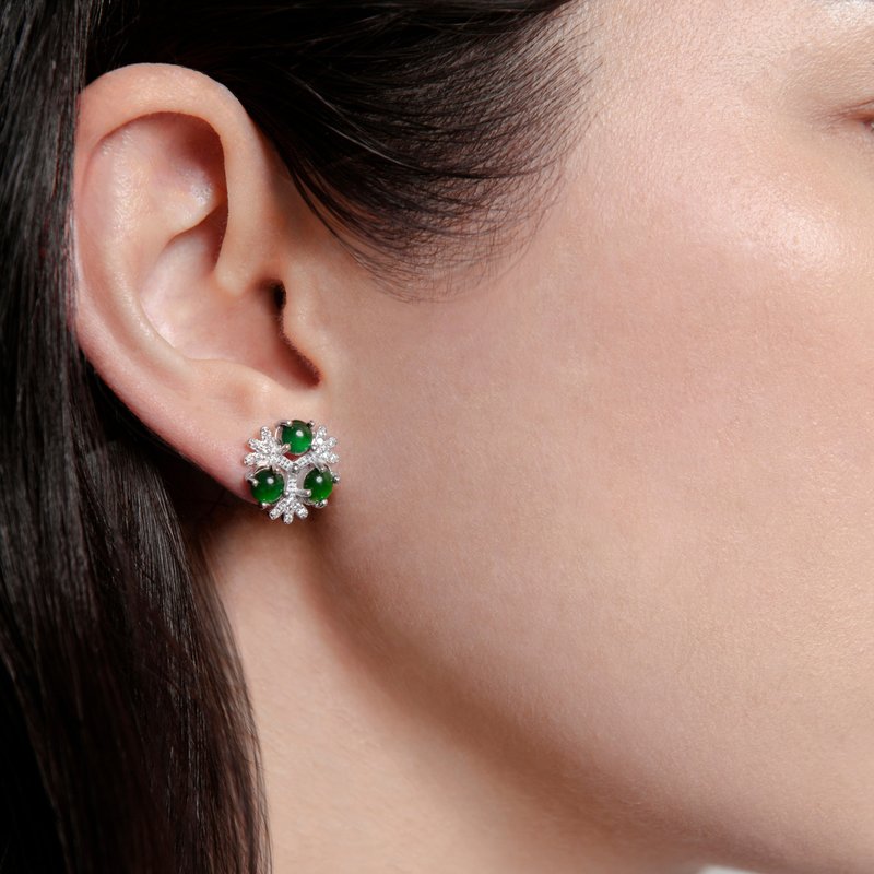 冬日绿光翡翠耳环 天然翡翠 | 925纯银 | 女生送礼 | 锆石 - 耳环/耳夹 - 玉石 绿色