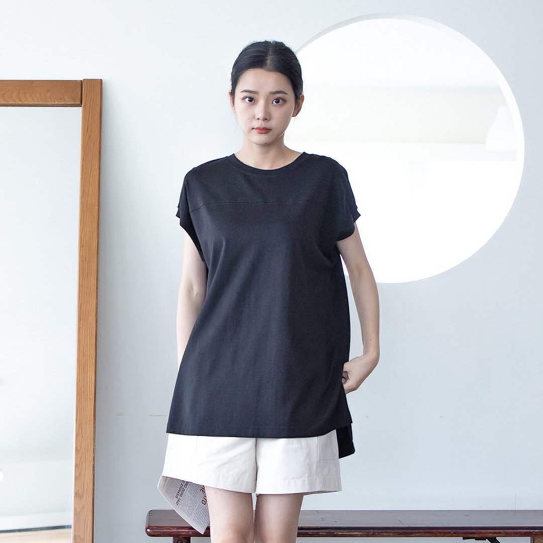 长款针织无袖T-shirt 黑 F - 女装上衣 - 棉 黑色