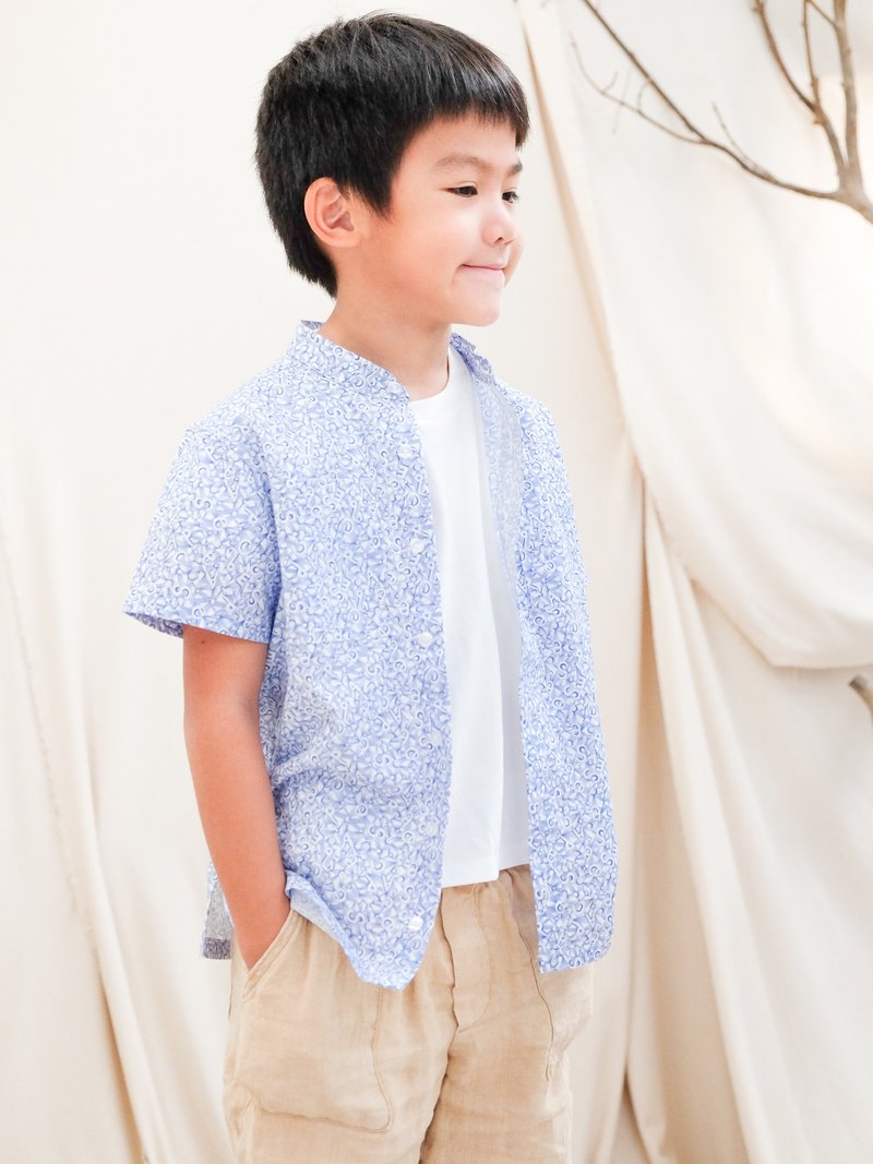 英国LIBERTY FABRICS男童Gabriel法式立领短袖衬衫 - 童装上衣 - 棉．麻 蓝色