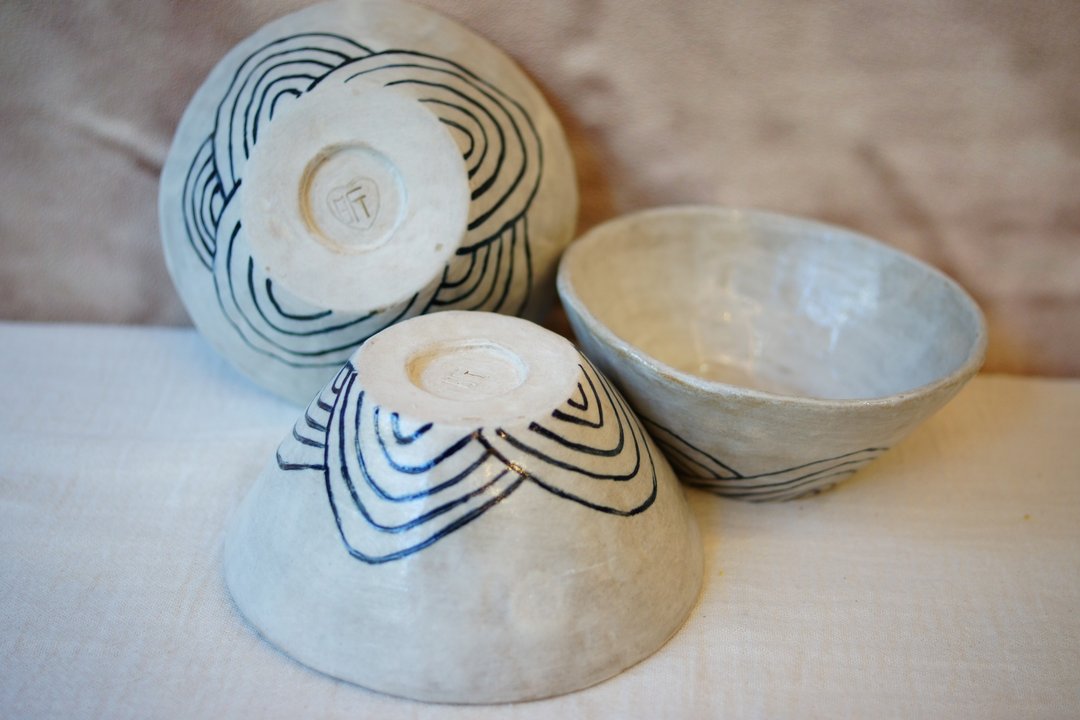 手作陶碗 青海波 Ø11.5cm 饭碗 餐碗 点心碗 - 碗 - 陶 蓝色