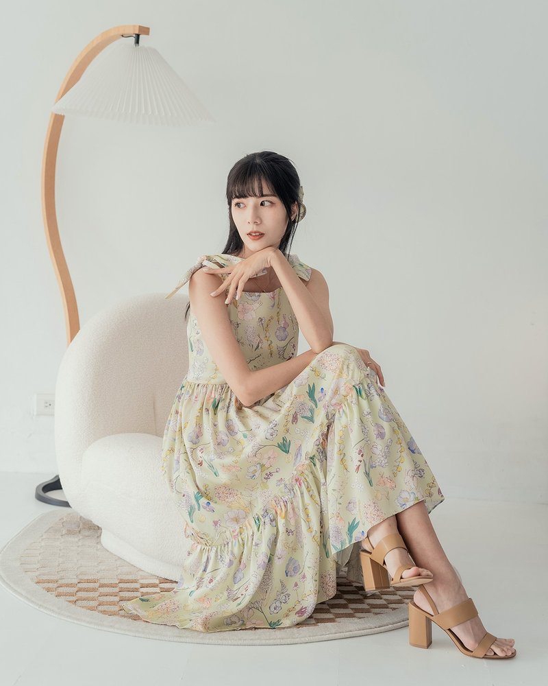 【波丽印花】小兔耳绑带 澎澎蛋糕长洋装 长裙 伦敦夏绿蒂 亲子装 - 洋装/连衣裙 - 棉．麻 绿色