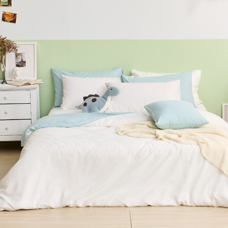 床包被套组-单人/双人/加大/ 舒柔棉 / 优雅白床包+白绿被套 - 寝具 - 其他材质 白色